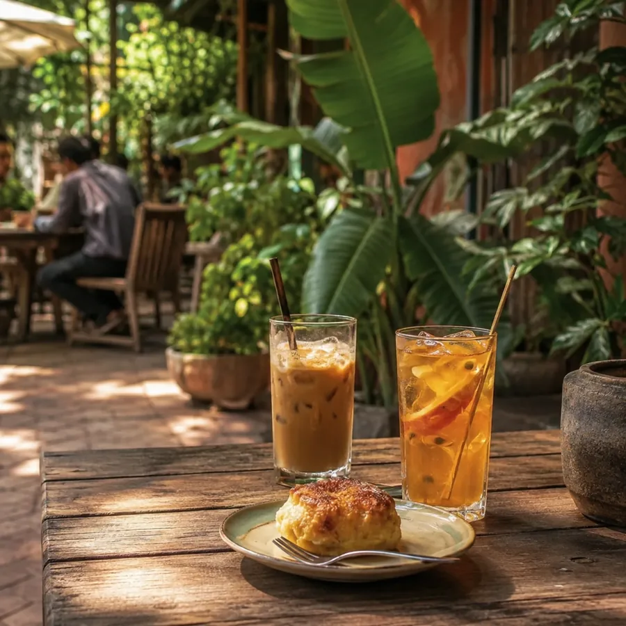Ly trà trái cây trên bàn gỗ